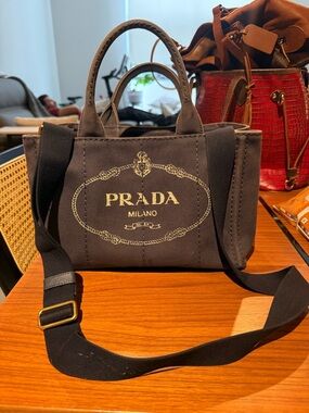 Prada Black Canvas Mini Tote with Gold Logo Print